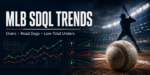 MLB SDQL betting trends graphic showing baseball analytics, betting charts, overs, road dogs, and low-total unders.