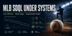 MLB SDQL Under betting systems graphic showing baseball analytics, low offense trends, road dogs, and suppressed totals.