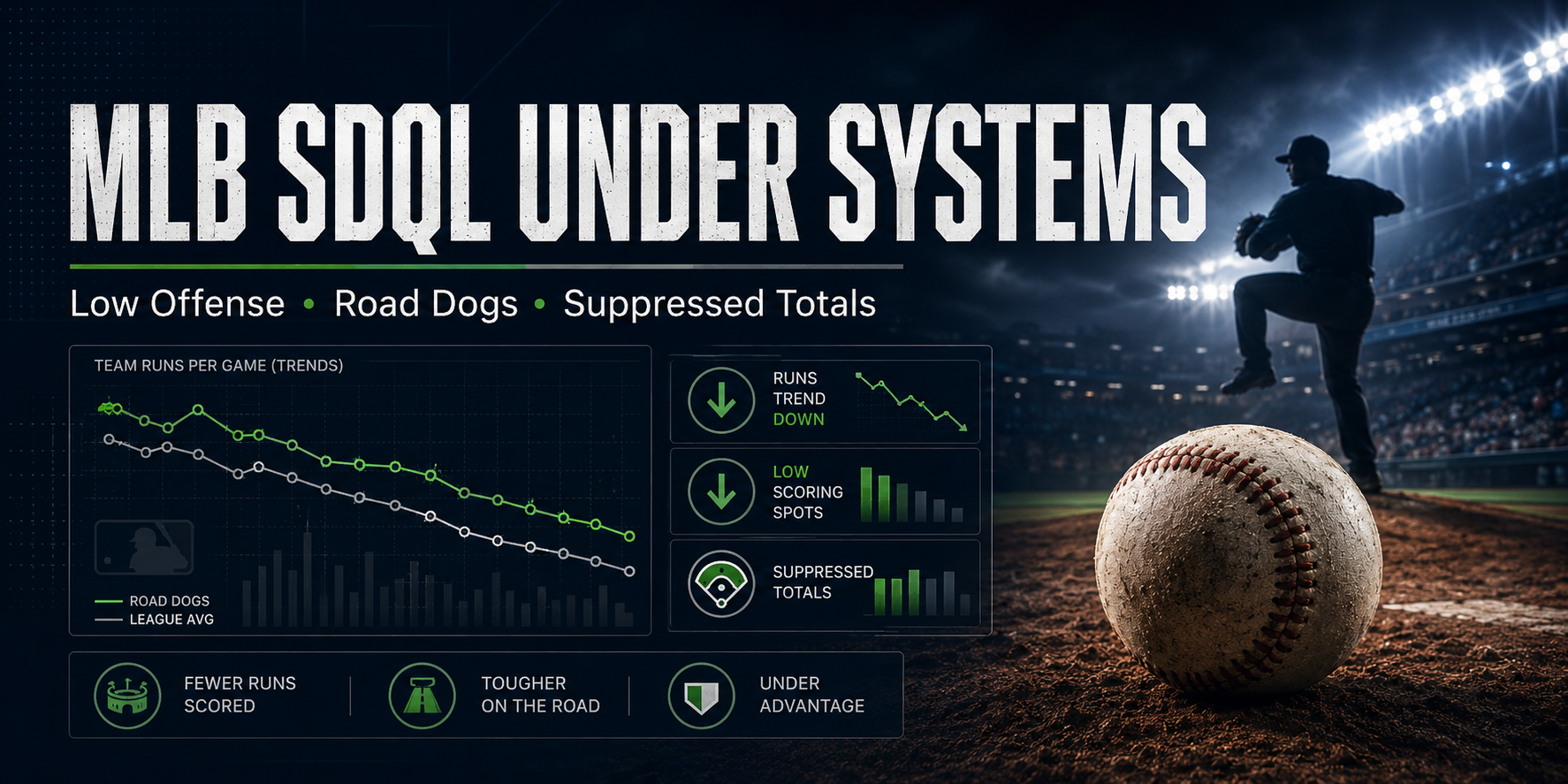 MLB SDQL Under betting systems graphic showing baseball analytics, low offense trends, road dogs, and suppressed totals.