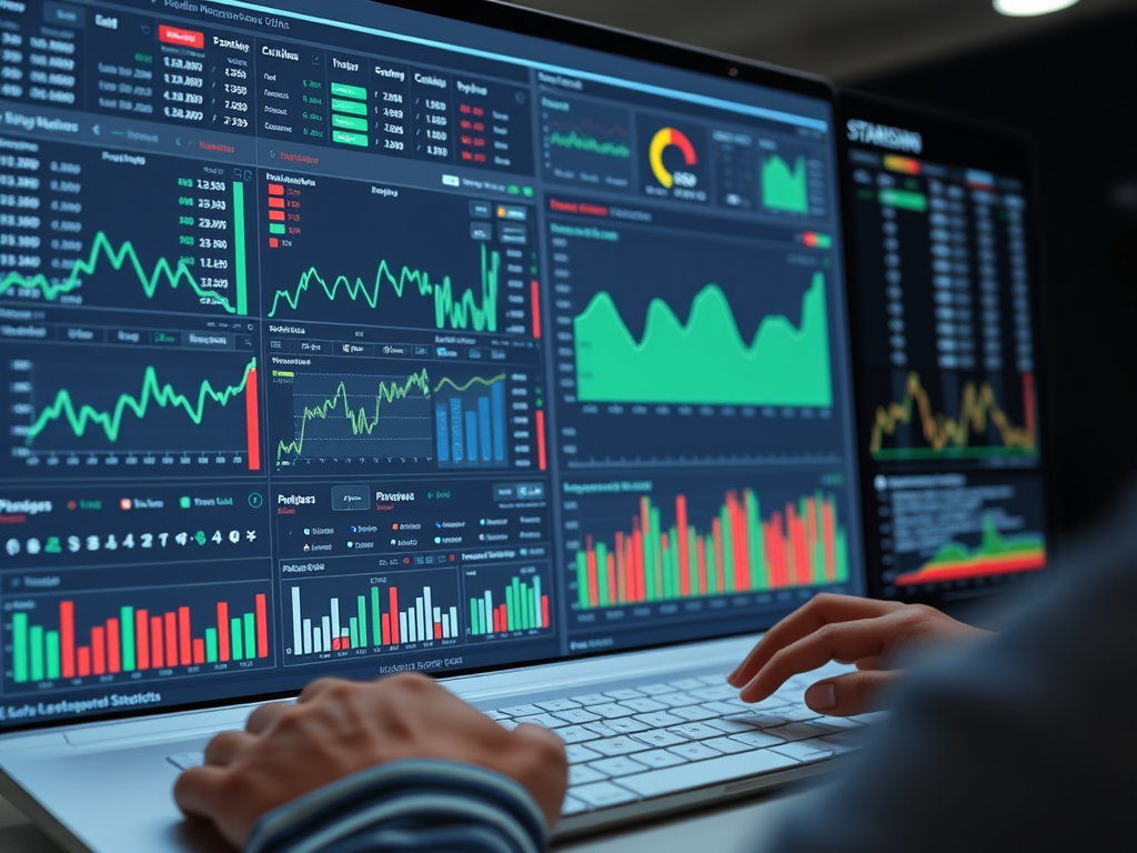 Hands typing on a laptop displaying financial trading charts.