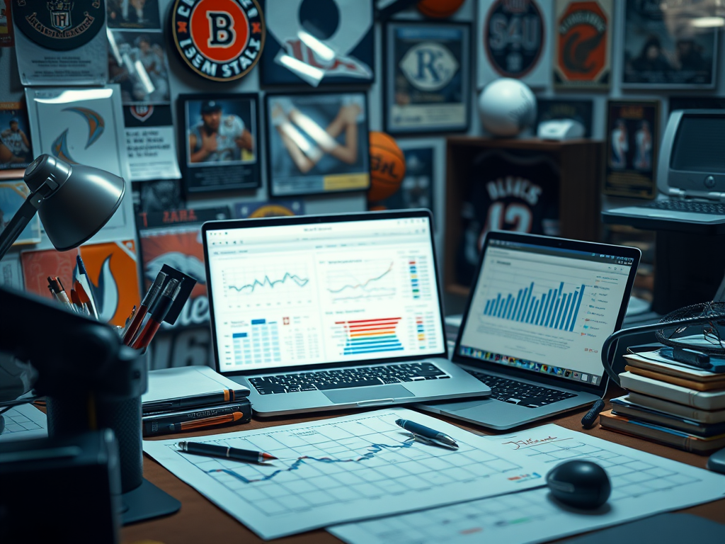 Laptops displaying charts on a desk with sports memorabilia.