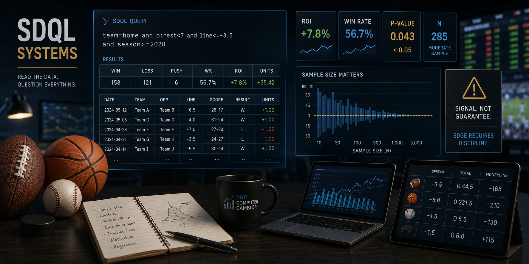 SDQL betting systems dashboard showing sample size, ROI, p-value, and sports betting data analysis