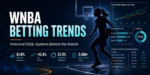 WNBA betting trends featured image showing a female basketball player with analytics charts and historical SDQL betting systems data